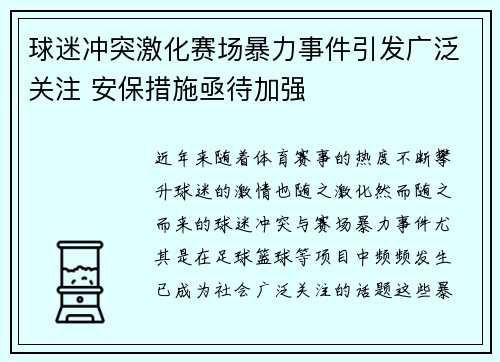 球迷冲突激化赛场暴力事件引发广泛关注 安保措施亟待加强