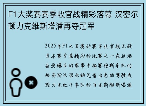 F1大奖赛赛季收官战精彩落幕 汉密尔顿力克维斯塔潘再夺冠军