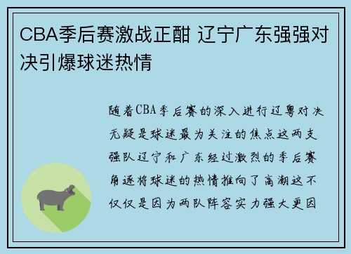 CBA季后赛激战正酣 辽宁广东强强对决引爆球迷热情
