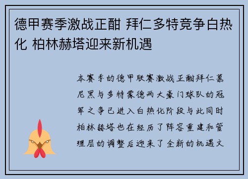 德甲赛季激战正酣 拜仁多特竞争白热化 柏林赫塔迎来新机遇